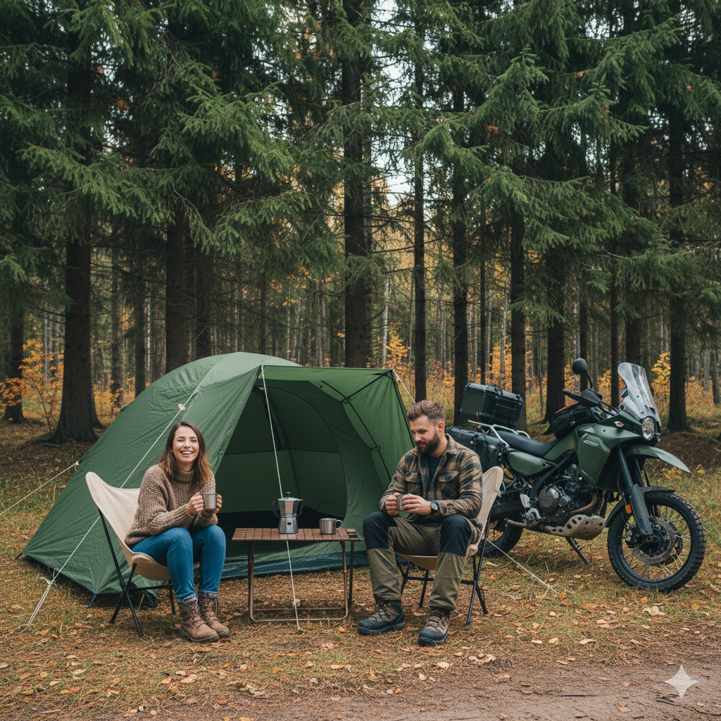Zwei Camper genie&szlig;en Getr&auml;nke vor einem gr&uuml;nen Zelt neben einem Motorrad im Wald, ideal f&uuml;r Motorrad-Camping mit robuster Ausr&uuml;stung.