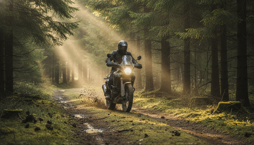 Motorradfahrer f&auml;hrt mit schwerem Gel&auml;nde-Motorrad durch sonnigen Waldweg, geeignet f&uuml;r Campingabenteuer, mit robusten Zubeh&ouml;rteilen von Top-Marken.