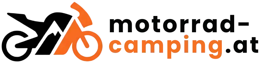 Logo von Motorrad-Camping, das eine stilisierte Illustration eines Motorrads in Orange zeigt, kombiniert mit schwarzem Text 'motorrad-camping.at', konzipiert für Themen wie Motorradreisen und Outdoor-Camping.