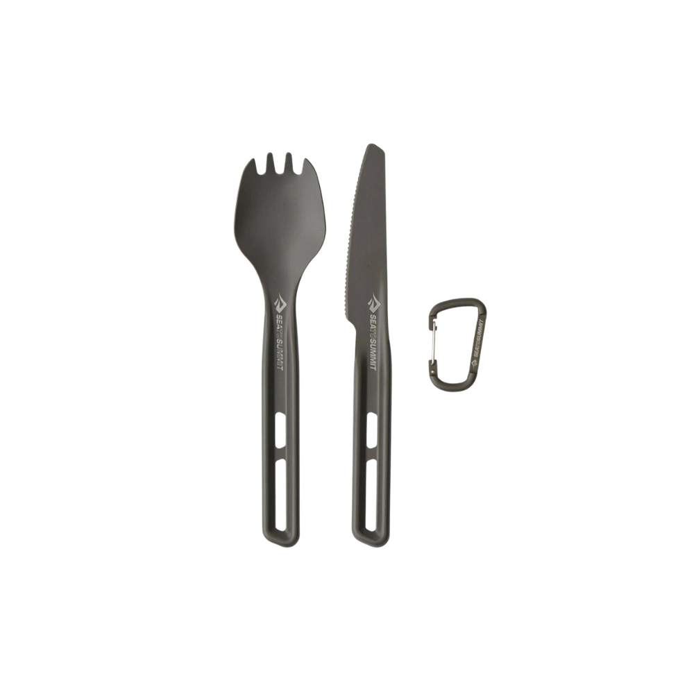 Ultraleichtes Besteck-Set mit Löffel-Gabel-Kombination, Messer und Karabiner, ideal für Motorrad-Camping.