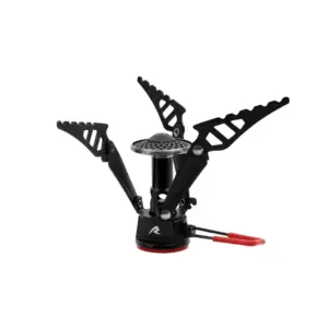 Kompakter Gaskocher Firefly für Motorrad-Camping mit klappbaren Armen und robuster Bauweise für unterwegs.