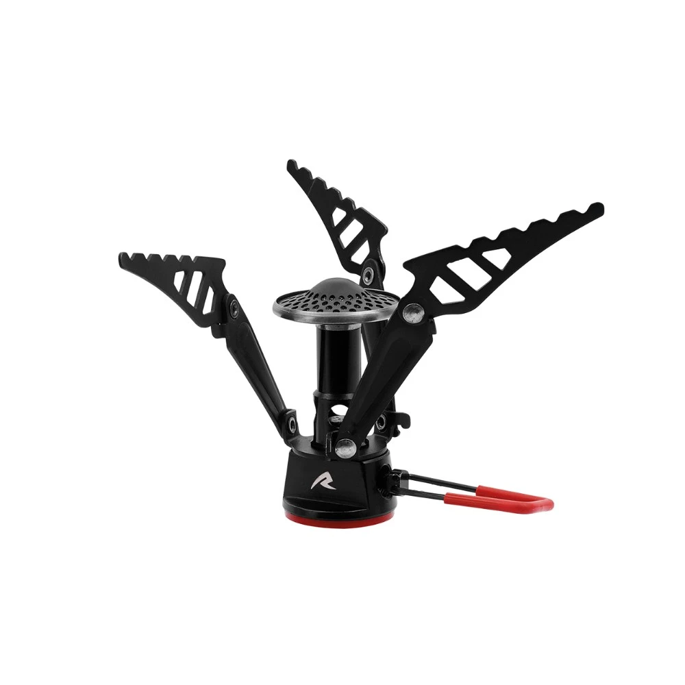 Kompakter Gaskocher Firefly für Motorrad-Camping mit klappbaren Armen und robuster Bauweise für unterwegs.