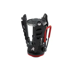 Tragbarer Gaskocher Firefly für Motorrad-Camping, schwarz-rot, kompakt und leicht, ideal für Outdoor-Abenteuer.
