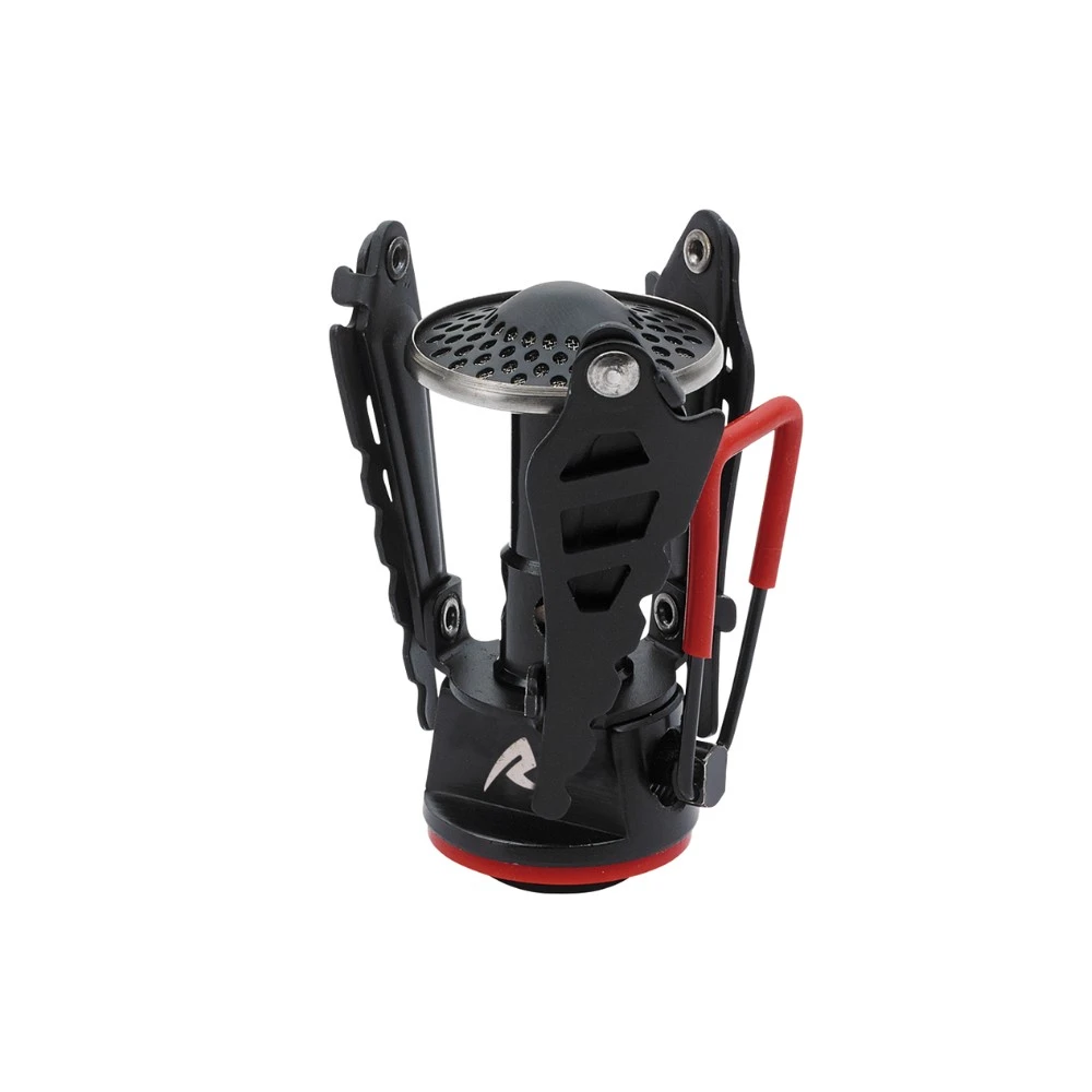 Tragbarer Gaskocher Firefly für Motorrad-Camping, schwarz-rot, kompakt und leicht, ideal für Outdoor-Abenteuer.