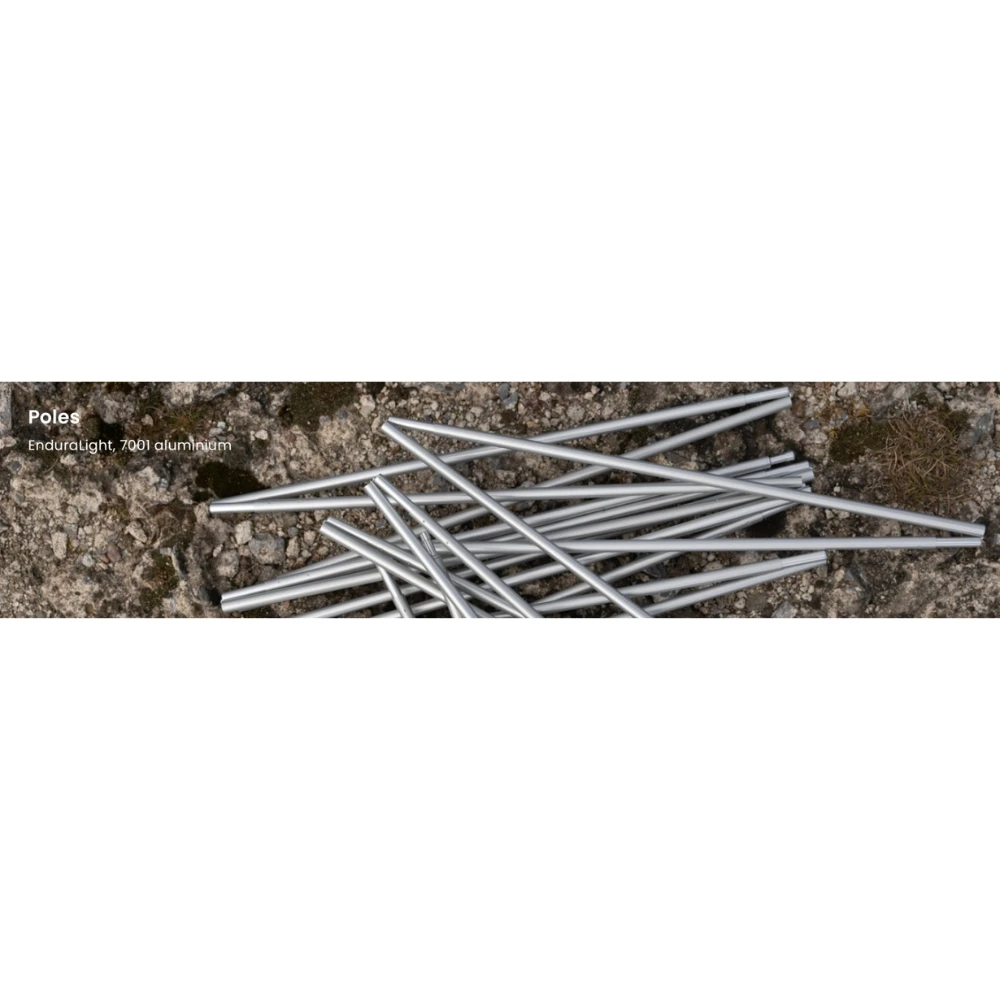 Leichte Aluminium-Zeltstangen für Motorradzelt Rondane 2, Endurailight 7001, auf steinigem Boden – optimal für Motorrad-Camping.