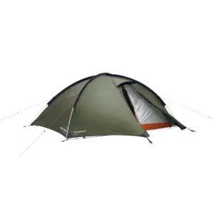 Motorradzelt Rondane 2 in Grün, ideal für Motorrad-Camping, zeigt ein kompaktes, stabiles Kuppeldesign mit einem halb geöffneten Eingang.