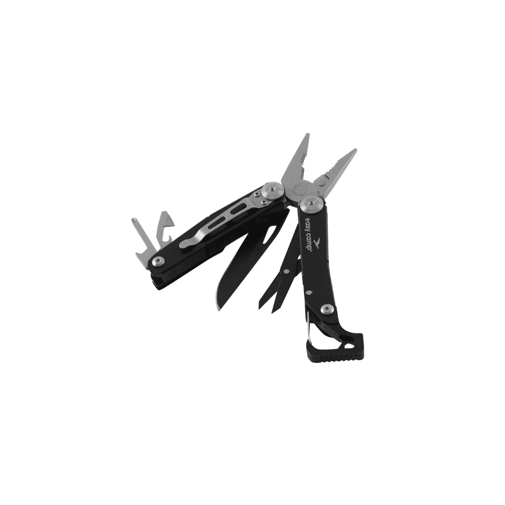 Das Bild zeigt ein Rowan 10-in-1 Multitool, ideal für Motorrad-Camping. Es verfügt über verschiedene Werkzeuge wie Zangen, Messer und Schraubendreher, alle in einem kompakten, schwarzen Gehäuse aus Edelstahl.