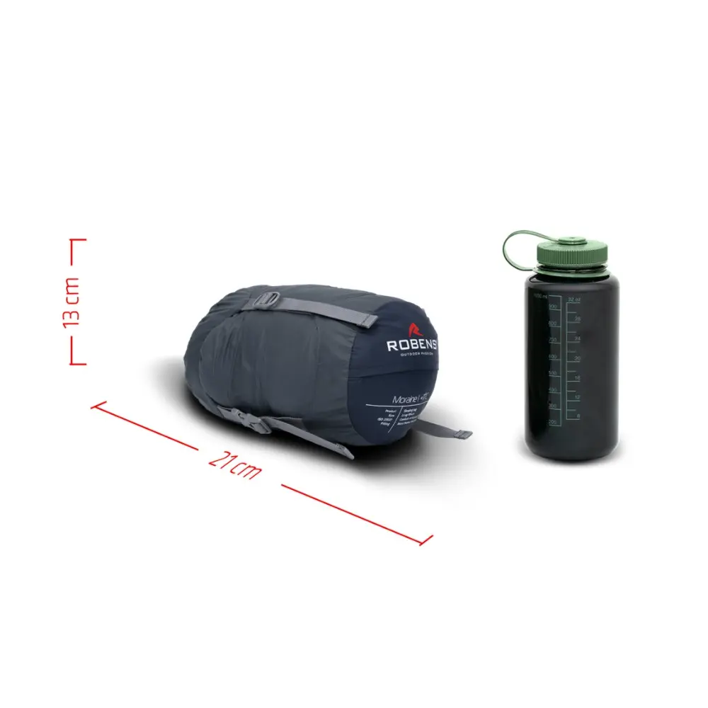 Kompakter Robens Moraine I Schlafsack für Motorrad-Camping, neben einer Wasserflasche zur Größenreferenz, Maße 21 cm x 13 cm, ideal für Temperaturen bis 11°.