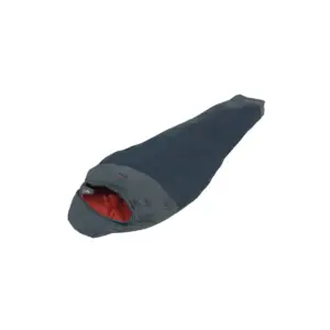 Der Schlafsack Moraine II 5° in dunkler Farbe, ideal für Motorrad-Camping, bietet Komfort bei Temperaturen bis zu 5 Grad. Kompaktes Design für Outdoor-Abenteuer.