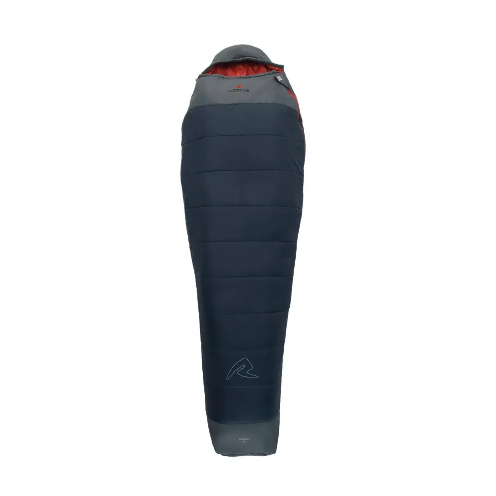Dunkelblauer Schlafsack Moraine II 5° mit grauem und rotem Futter, geeignet für Motorrad-Camping.