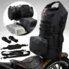 Schwarzer 46L Malibag Drybag für Motorrad-Camping, montiert auf Motorrad, mit Gurten und Zubehör.