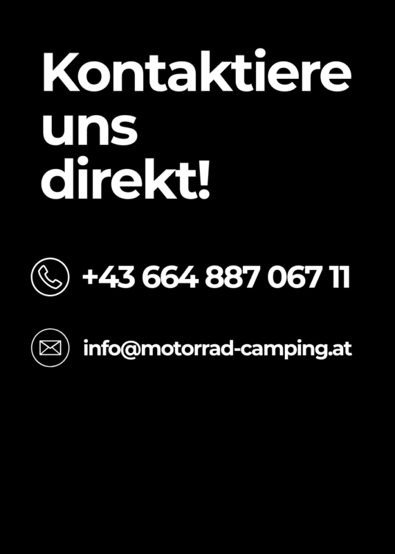 Kontaktinformationen f&uuml;r Motorrad Camping Zubeh&ouml;r mit Telefonnummer und E-Mail-Adresse auf schwarzem Hintergrund.